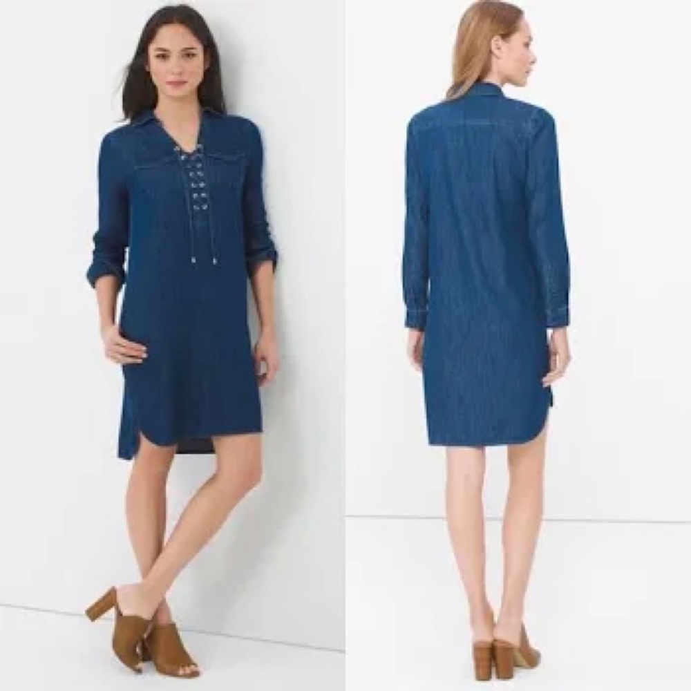 White House Black Market | Long Sleeve Lace Up Front Dark Denim Dress 10 $89 - Picture 2 of 5